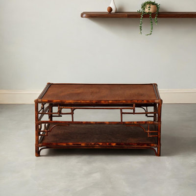 Table basse avec tablette de rangement ouverte - Table de centre compacte en rotin de 42 po de ton brun, finition tortue rétro