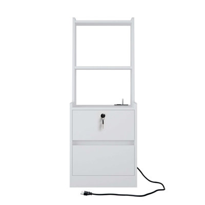 White Smart Nightstand With Charging Station, Night Light & Bookshelf Storage Design