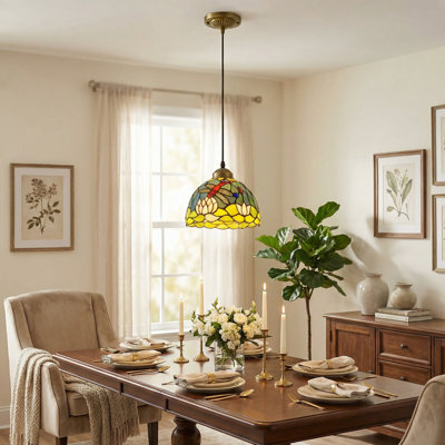 Single Dimmable Tiffany Style Stained Glass Pendant Light With Lotus And Dragonfly Pattern