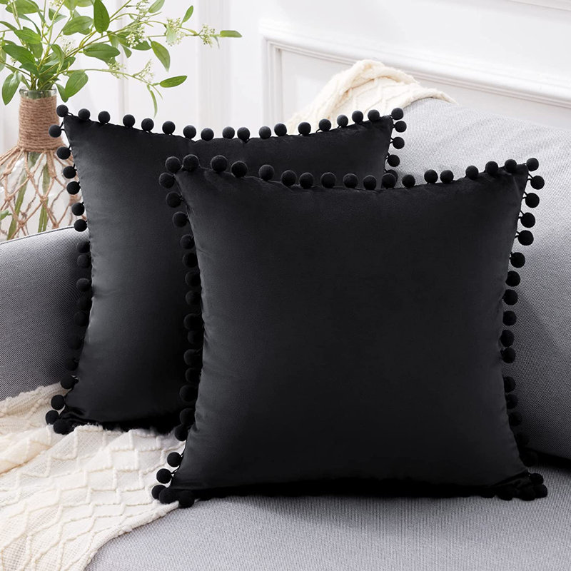 Deconovo Pom-poms Reversible Pillow Cover, 26" x 26", Black
