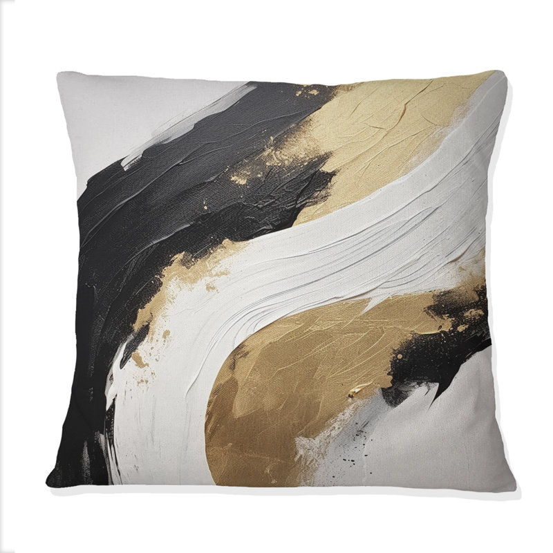 Essentiel, nature, alchimie, abstrait or noir I - Coussin décoratif avec peinture abstraite, 16" x 16"