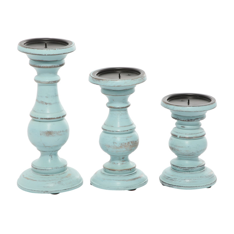 Ensemble de porte-bougies décoratifs de style pilier en bois de manguier tourné, Bleu clair