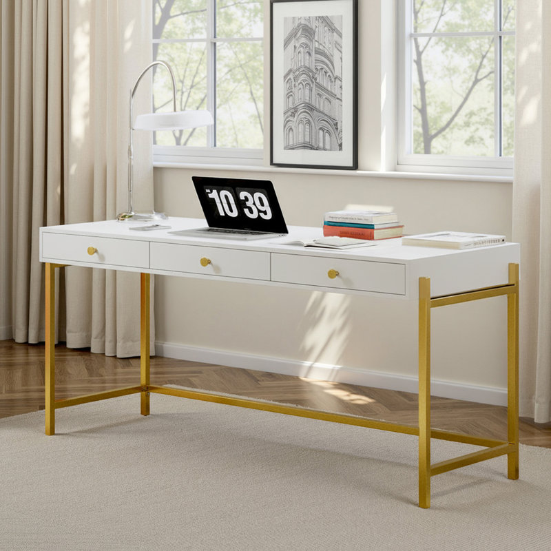 Louise Modern 64"W 3-Drawers Rectangular Writing Desk with Metal Legs, White