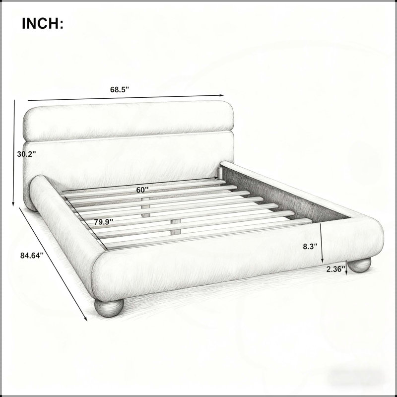 Lit contemporain tapissier à profil bas avec tissu en molleton Teddy et pieds ronds massifs, conception élégante en forme de courbe pour la chambre à coucher, grand