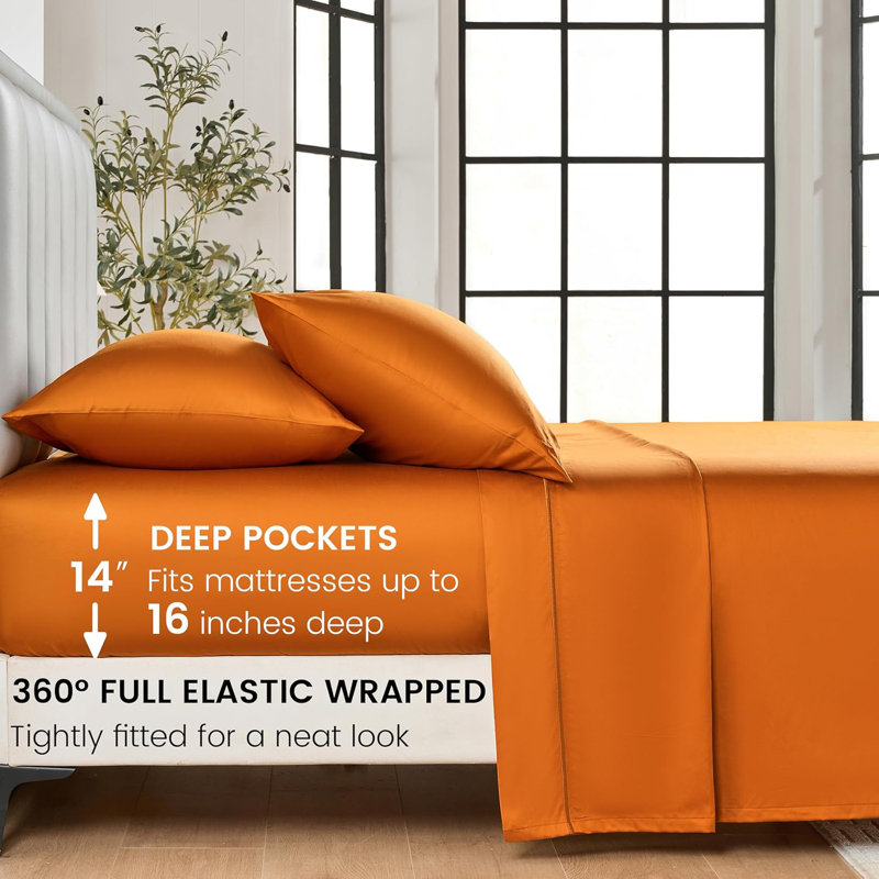 Ensemble de draps 100% coton 400 fils, Ensemble de draps pour très grand lit avec 2 taie, Orange