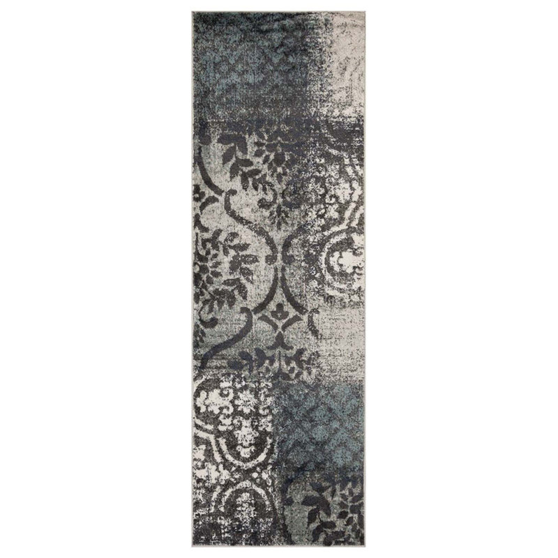 Tapis tissé à la machine en damas noir / gris / bleu Eyvah, Tapis de couloir 2 pi 8 po x 8 pi