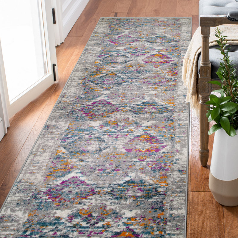 Rydal Oriental Area Rug with Vintage Faded Multicolor Grey/Red Rug, Runner 2'2" x 7'7"