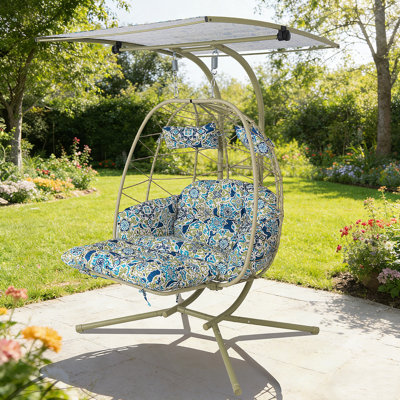 Fauteuil à œufs suspendu en osier pour 2 personnes avec auvent et repose-pieds réglables, balancelle double avec support, chaise hamac intérieure et intérieure d'une capacité de 660 lb avec coussins pour balcon, jardin, cour