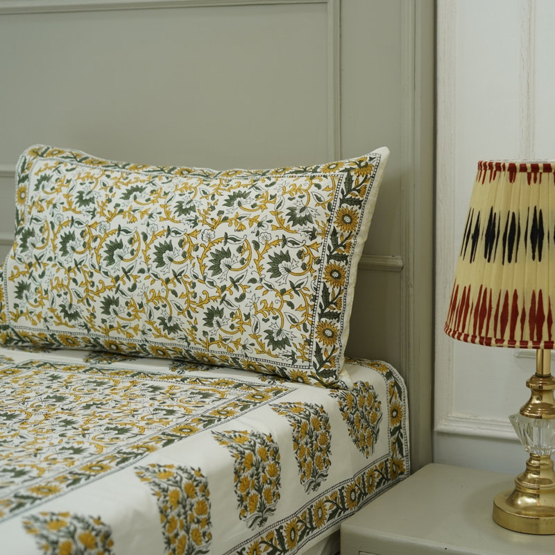 Ensemble de draps en coton 100 x Fab Fabine 102X112 - Drap fait à la main avec housses de coussin assorties - Literie de qualité supérieure, Madhav. 