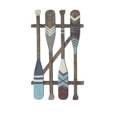 Wood Arrow and Stripe Patterned Paddle Home Wall Decor with Muted Blue Accents