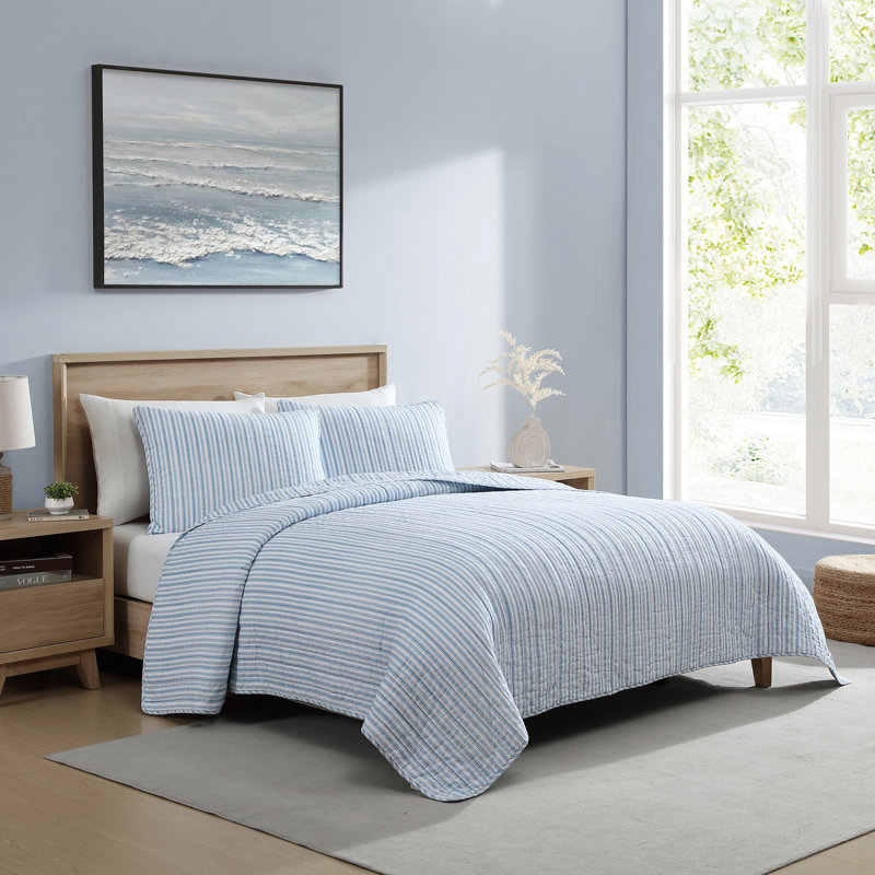 Nautica Coleridge Stripe Cotton Reversible Blue Quilt Set, Queen