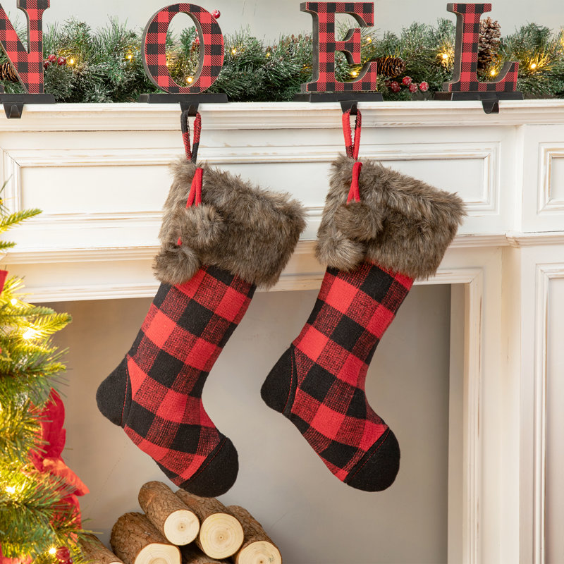 21" Fur Black/Red Buffalo Plaid Stocking