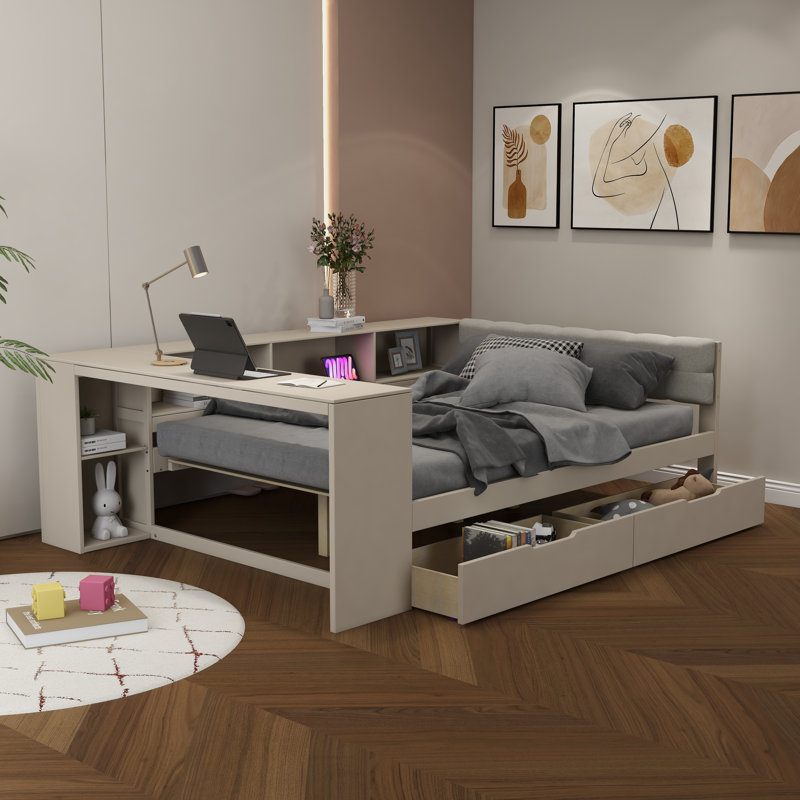 Lit plateforme double en bois avec tablettes de rangement, ports USB et bureau, Crème, Lit double