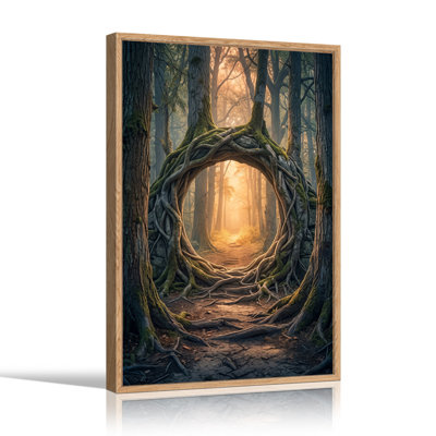Twisted Mossy Roots Circular Archway In Misty Forest Path Canvas Wall Art