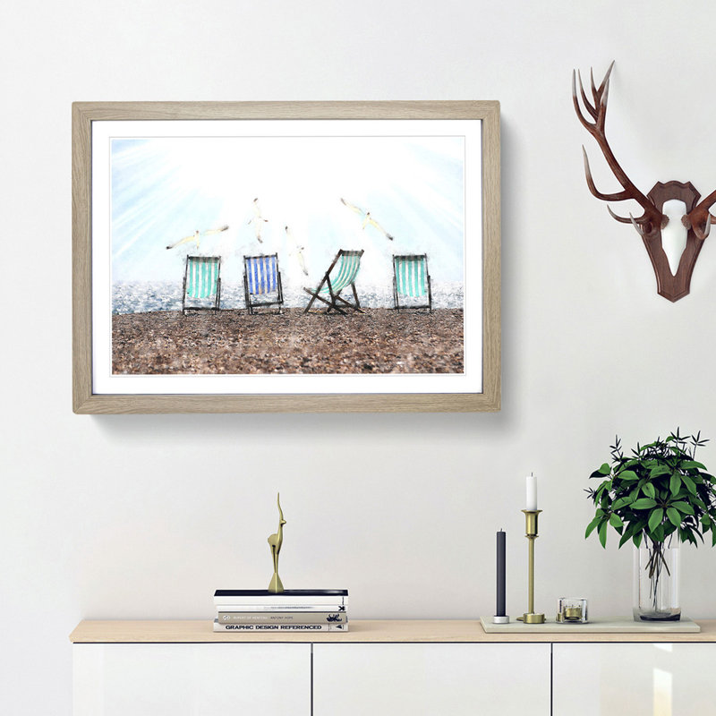 Deckchairs on Brighton Beach - Picture Frame Graphic Art Print, 62cm H x 87cm W x 2cm D, Oak Framed