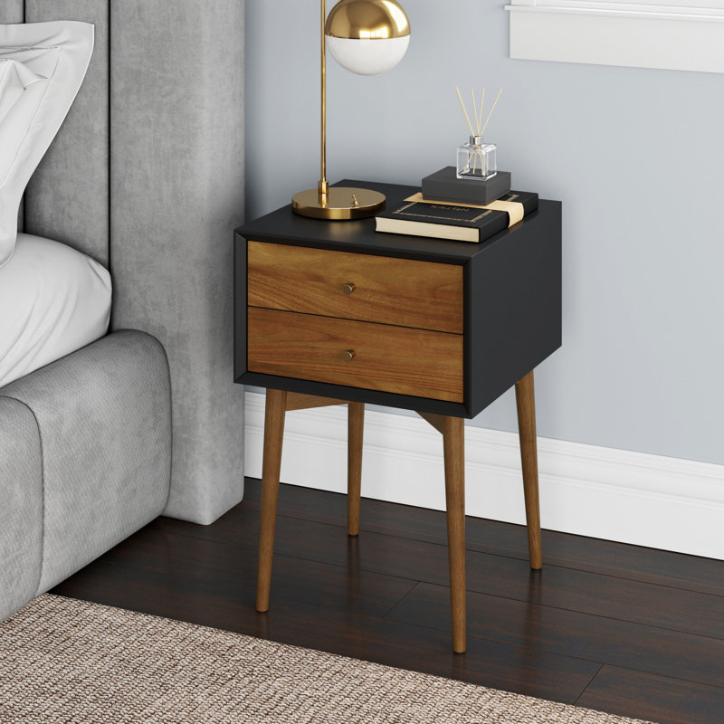2-Drawer Wood Nightstand with Storage, Brown/Black