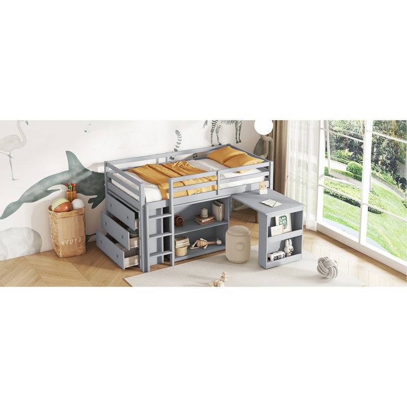 Twin Loft Bed With Construction - Drawer, Shelf Cabinets, Grey Secure Storage Options Drawer &, Gray