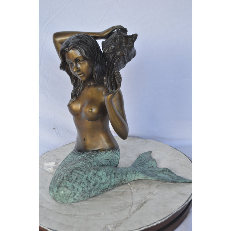Mermaid with Conch  shell bronze statue -  Size: 16"L x 17"W x 21"H.
