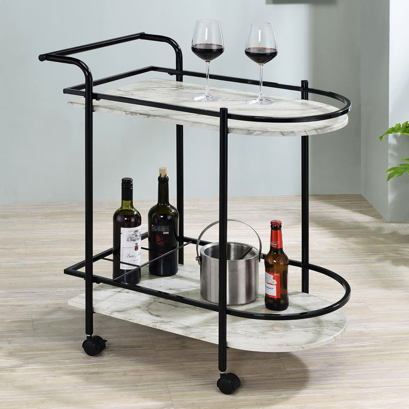 Chariot de service fonctionnel en faux marbre blanc avec cadre en métal noir et porte-gobelet roulant contemporain