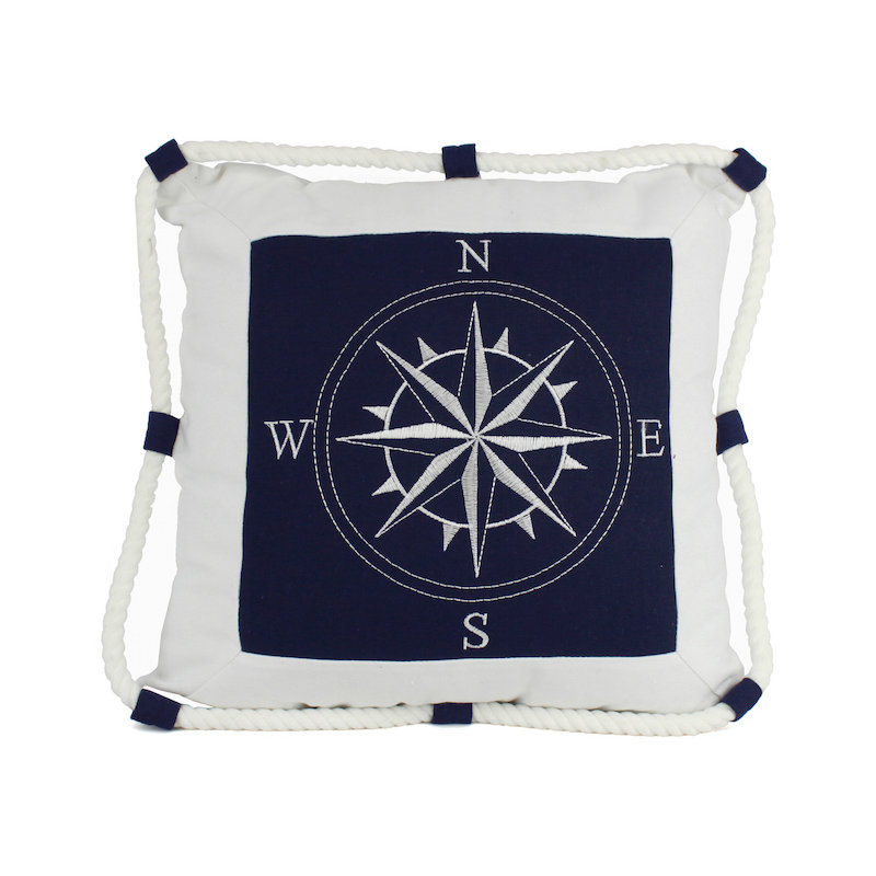 Compass With Nautical Rope Pillow Cover, Blue