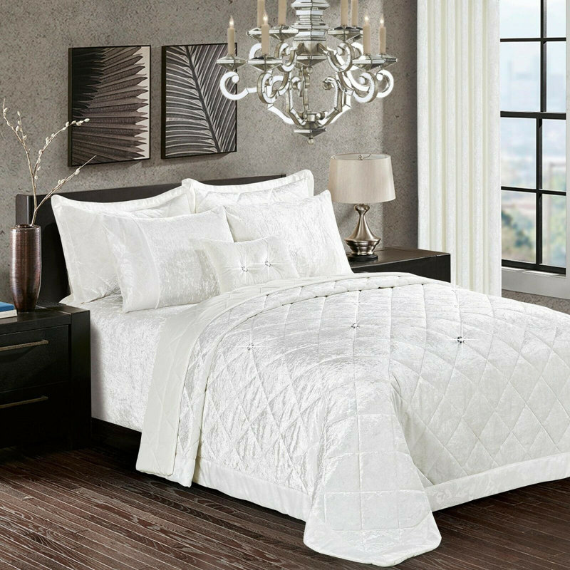 Santiago Crushed Velvet Bedspread Set Premium Soft Microfiber Reverse and Standard Pillow Shams, White