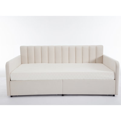 Flora Upholstered Daybed with 2 Drawers, Twin, Ivory Velvet, Ribbed Tufted Backrest, Daybed in Lavish Modern Design