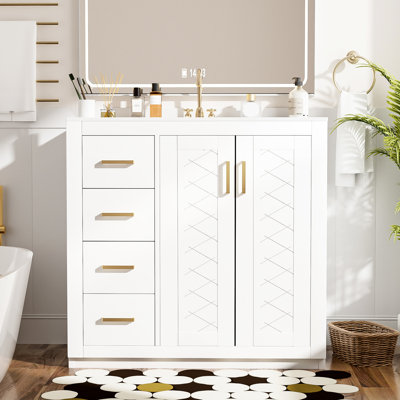 36 Inch Bathroom Vanity With Ceramic Sink , Solid Wood Frame, Doors, 3 Drawers, Ample Storage Space, Retro Style, Exquisite Metal Handle, , Modern Style For , Sink, Hinges, Storage, Unique Groove