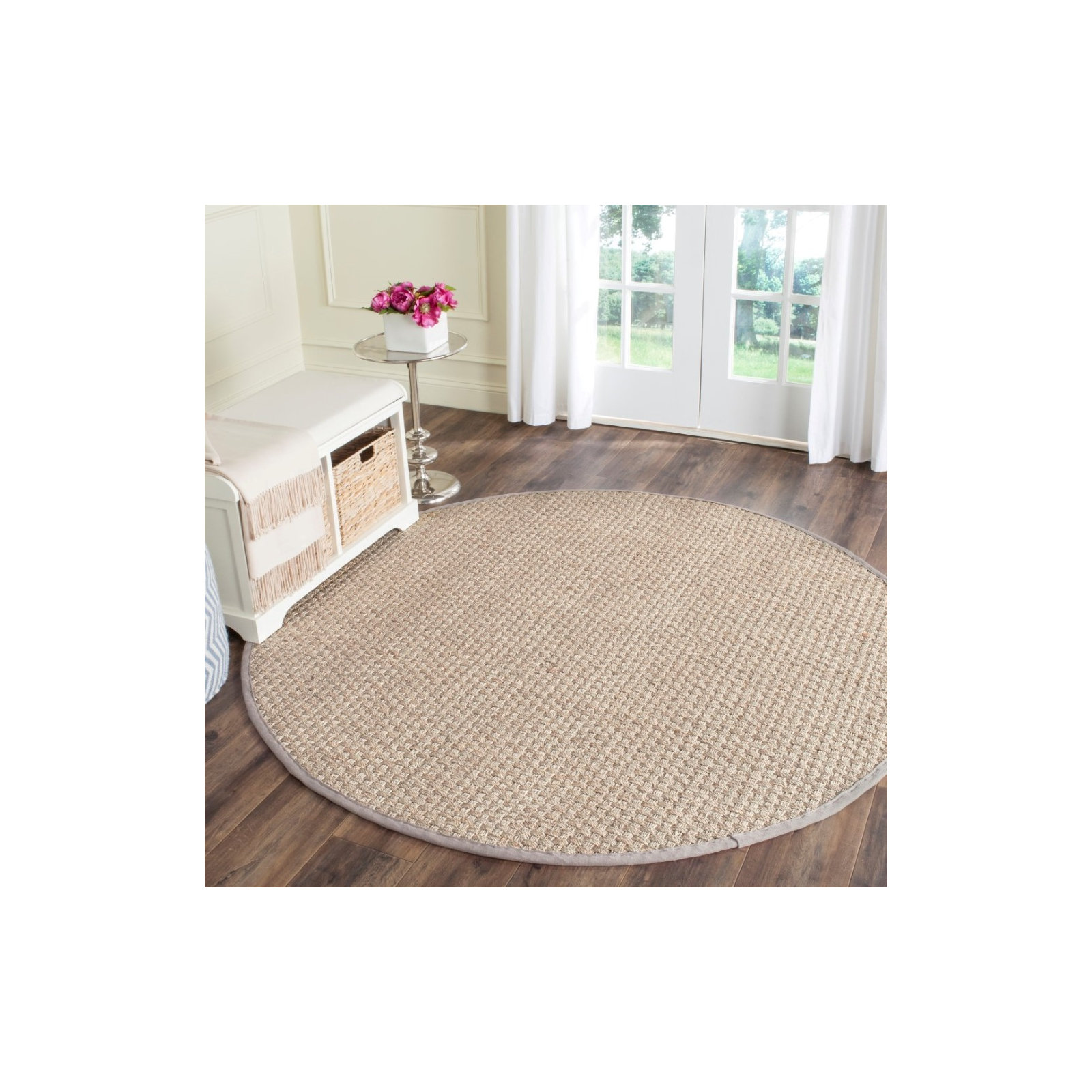 Auckland Bamboo Slat/Seagrass Natural/Gray Area Rug, Round 4'
