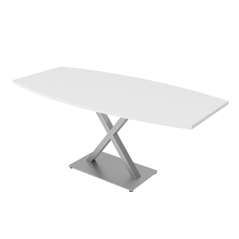 Table de conférence en forme de bateau avec base en X en métal, L 72 po x l 36 po, Blanc classique, Argent argent