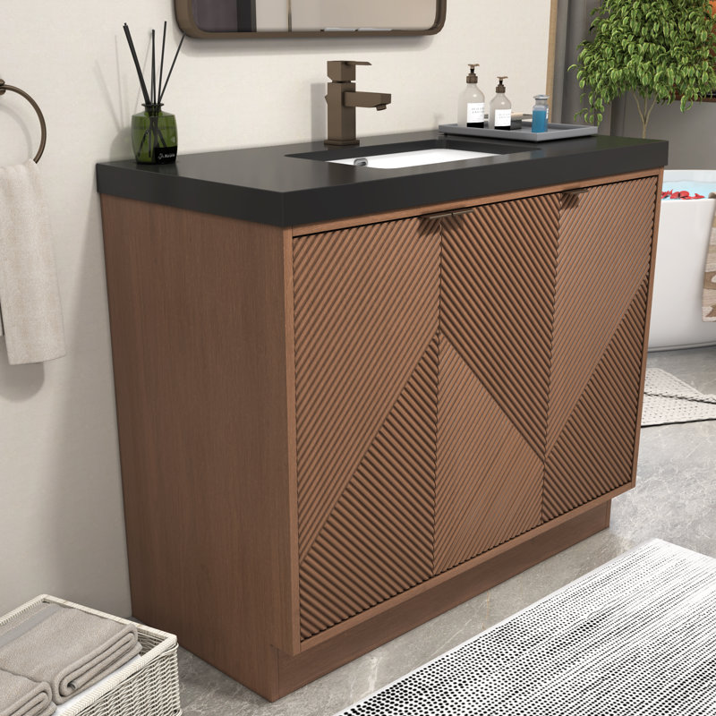 Meuble-lavabo autoportant 47,2 po Monterey + lavabo en acrylique noir renforcé, Brun
