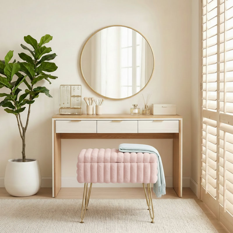 17.3" Faux Fur Vanity Stool with Storage, Metal Legs Dressing Bench for Bedroom, Pink
