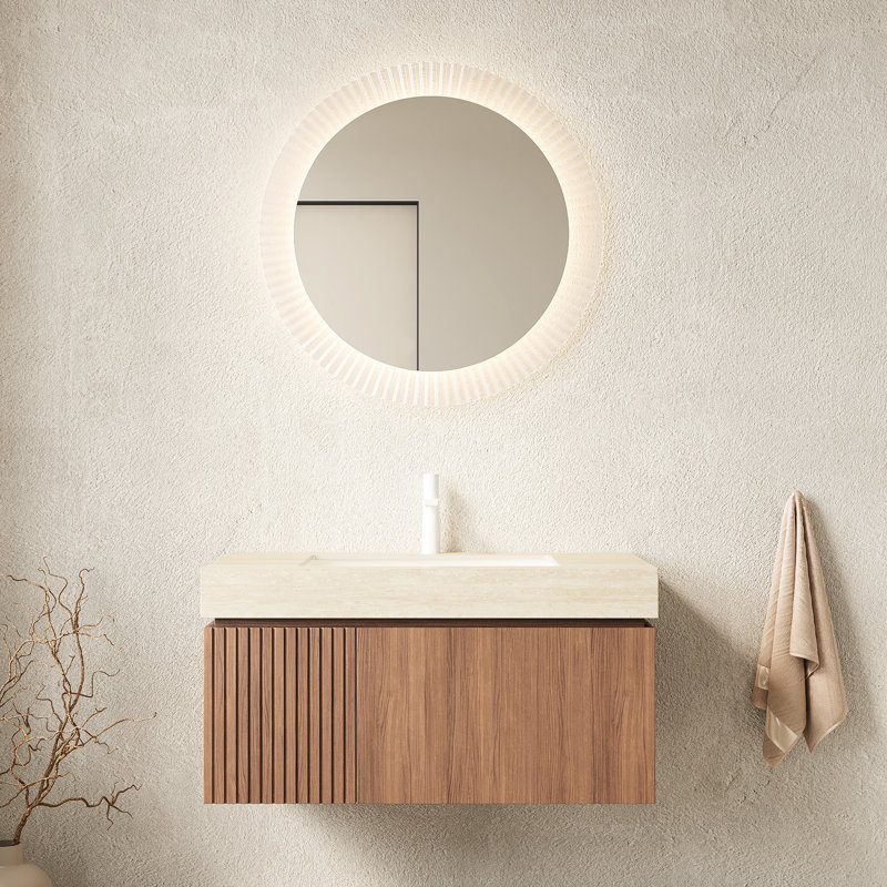 Meuble-lavabo 36 po avec comptoir en pierre frittée et lavabo en céramique, porte de tiroir flottante en contreplaqué, pré-assemblé, chêne brun, glissières à fermeture en douceur, lavabo haute performance, comptoir, percé dans le lavabo