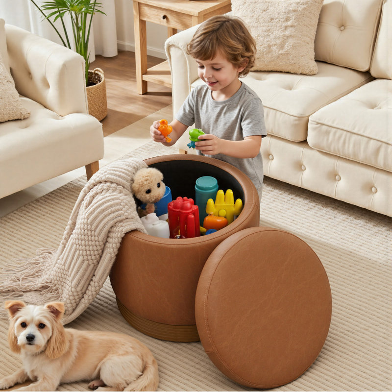 Round Ottoman With Storage, 360° Rotatable Stool, Hidden Storage Ottoman For Living Room, Light Brown