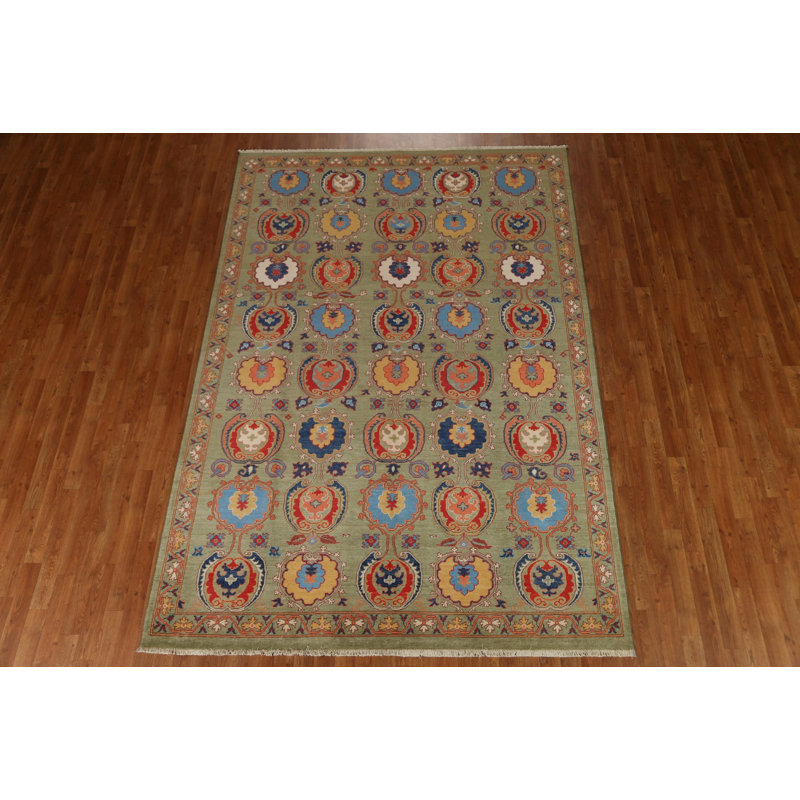 Tapis unique en laine noué à la main 6 pi 8 po x 9 pi 8 po nouvel âge en vert / rouge / bleu
