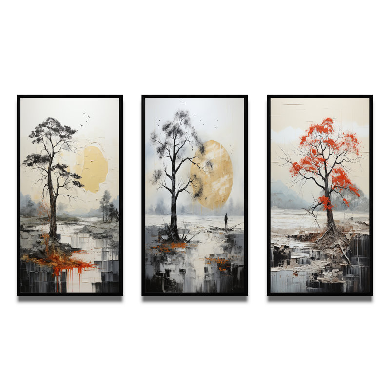 «Gray Yellow Minimalisme Tree Solitude», 3 pièces sur toile, Cadre flottant noir, H 28 po x l 36 po