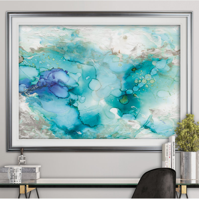 'Teal Marble' Framed Acrylic Painting Print, Silver, 30" H x 40" W x 1.5" D