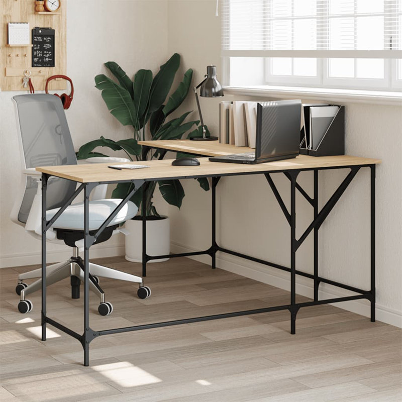 Aaina L-Shaped Metal Base Writing Desk, Sonoma Oak