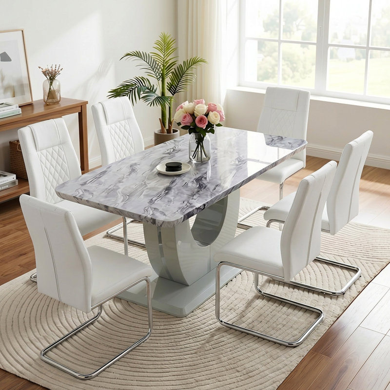 Ensemble repas 7 pièces Kimara, 7 pièces : table, 6 chaises, Blanc