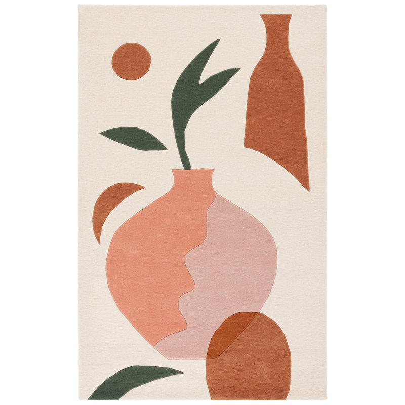 Tapis en laine touffeté à la main beige / orange / vert Nashae, Carré 6 pi