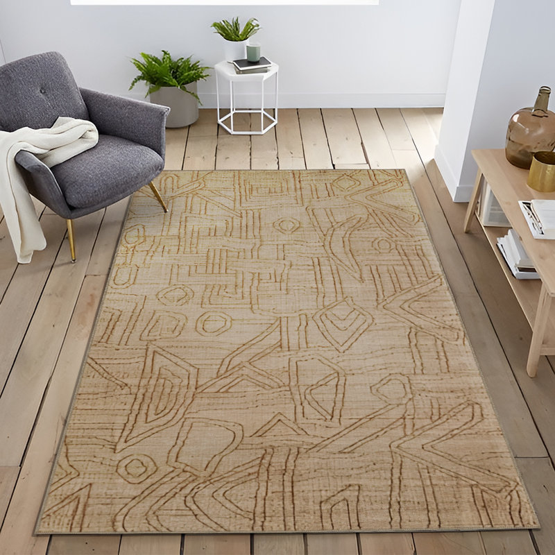 Beige-Themed Mixed Stripe Geometric Shape Patterned Modern Decorative Rug, Rectangle 4'11.06" x 7'6.55"