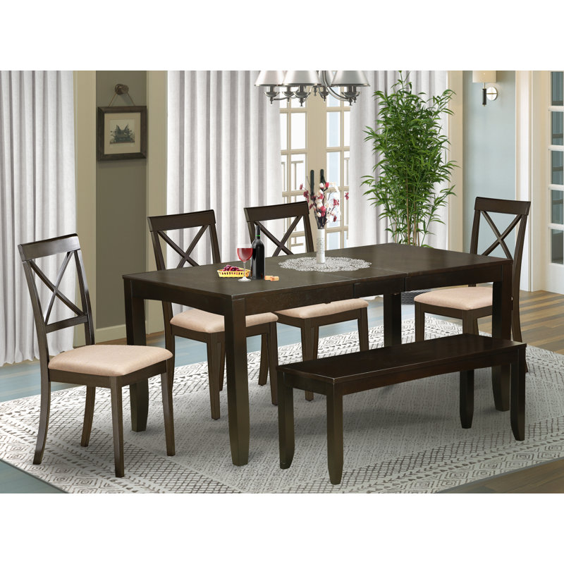 7 Piece Dining Set Consist of a Rectangle Dining Table with Butterfly Leaf and 6 Linen Fabric Kitchen Room Chairs, Cappuccino