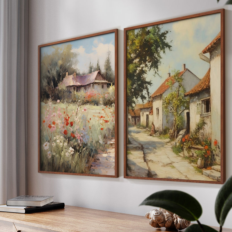 «Vintage Landscape LXIV», impression giclée sur cadre - ensemble de 2, Noyer, H 12 po x l 30 po