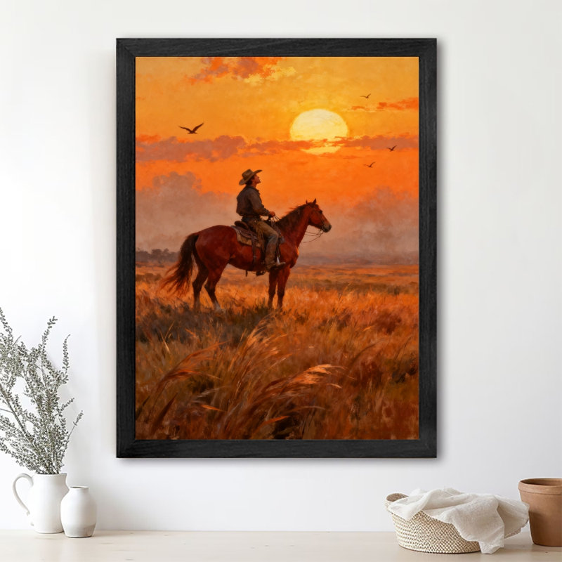 «Black Cowboy Vintage» chevauchant un cheval et appréciant le coucher du soleil, impressions sur toile de style rétro