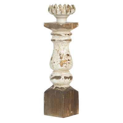 Candle Holder, Lotus Flower Style Top, Turned Body, White Wood 19 Inch