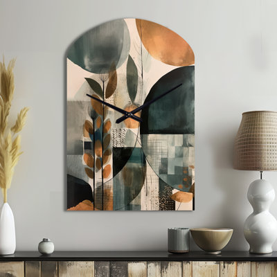 Green And Brown Artistic Liberation II - Boho Feather Asymmetrical Metal Wall Clock, Traditional Arch Wall Clock Print