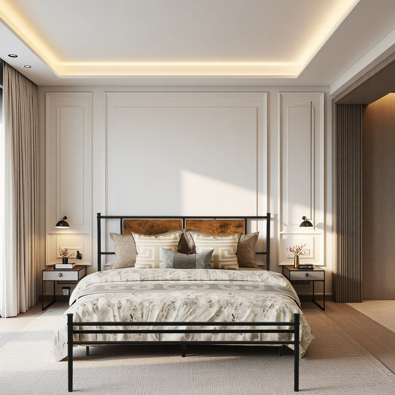 Structure de lit avec tête et pied de lit en bois, support de lattes en métal robuste pour la plateforme de lit, aucun sommier requis, assemblage facile