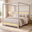 Lit plateforme Beigelora Queen Size à baldaquin capitonné beige avec cadre à quatre colonnes, tête de lit rembourrée en tissu, bandes DEL personnalisables intégrées à la tête et au pied de lit.