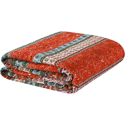 Full/Queen Size 100% Cotton Quilted Blanket, Colorful Bohemian Striped Bedspread Coverlet, Reversible Lightweight Vintage Stitch Bed Cover Throw For Bed, Couch Or Sofa, Orange