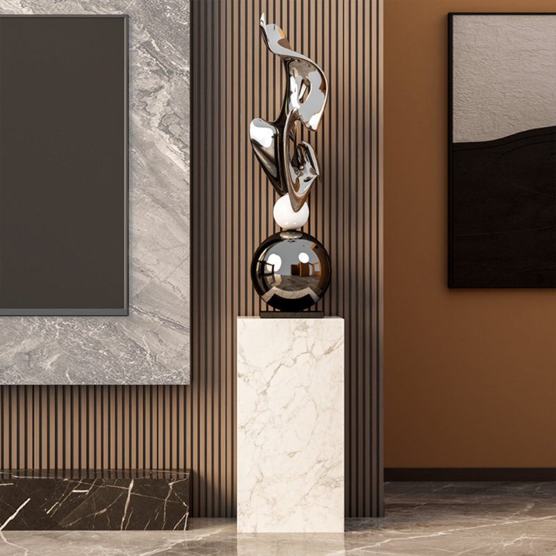 Sculpture géométrique moderne 62,99 ", Blanc / argent / noir