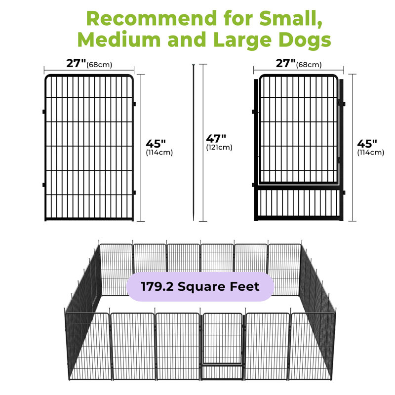 Multi-sized Metal Dog Exercise Pen Panels with 3 Doors, 45'' H X 643.2'' W X 0.63'' D